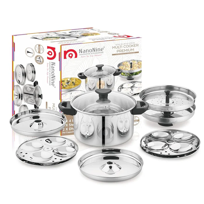 AM2232 NanoNine Stainless Steel Multi Cooker, Idli/Dhokla/Momos Maker & Steamer (16idlis,2 Patra Plates, 1 Mini Idli Plate) - Image 5