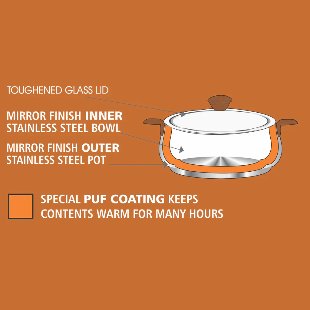 AM2234 NanoNine Royal Steelwood Double Wall Insulated Stainless Steel Casserole with Glass Lid, 1.24 L & 750 ml, 2 pc - Image 10