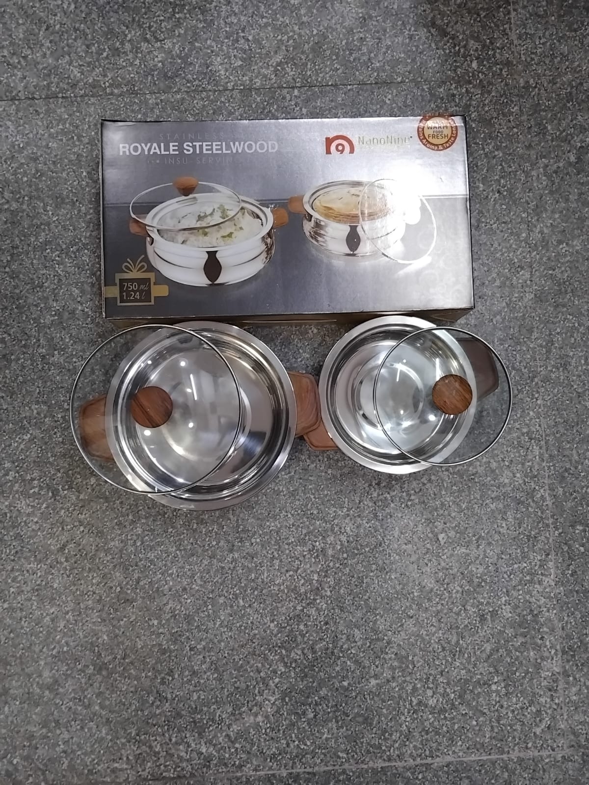 AM2234 NanoNine Royal Steelwood Double Wall Insulated Stainless Steel Casserole with Glass Lid, 1.24 L & 750 ml, 2 pc - Image 11