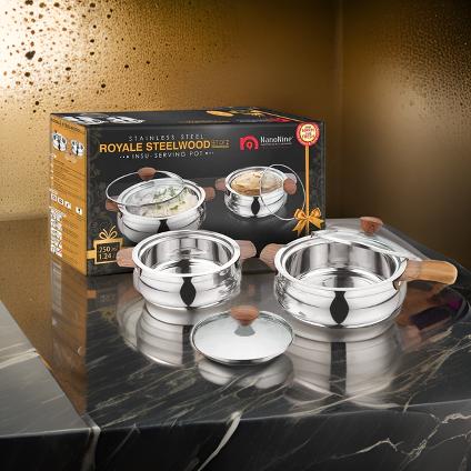 AM2234 NanoNine Royal Steelwood Double Wall Insulated Stainless Steel Casserole with Glass Lid, 1.24 L & 750 ml, 2 pc - Image 2