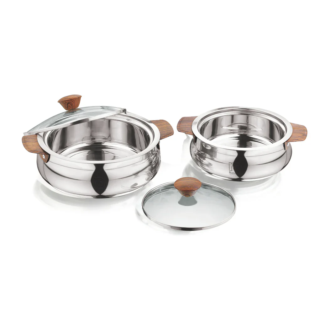 AM2234 NanoNine Royal Steelwood Double Wall Insulated Stainless Steel Casserole with Glass Lid, 1.24 L & 750 ml, 2 pc - Image 3