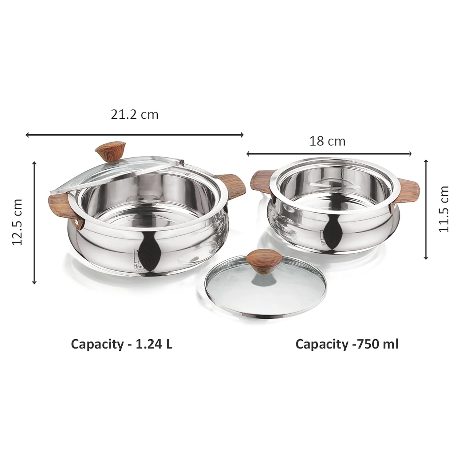 AM2234 NanoNine Royal Steelwood Double Wall Insulated Stainless Steel Casserole with Glass Lid, 1.24 L & 750 ml, 2 pc - Image 4