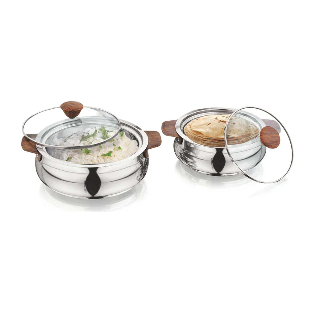 AM2234 NanoNine Royal Steelwood Double Wall Insulated Stainless Steel Casserole with Glass Lid, 1.24 L & 750 ml, 2 pc - Image 5
