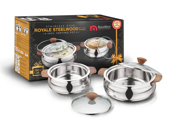 AM2234 NanoNine Royal Steelwood Double Wall Insulated Stainless Steel Casserole with Glass Lid, 1.24 L & 750 ml, 2 pc - Image 8