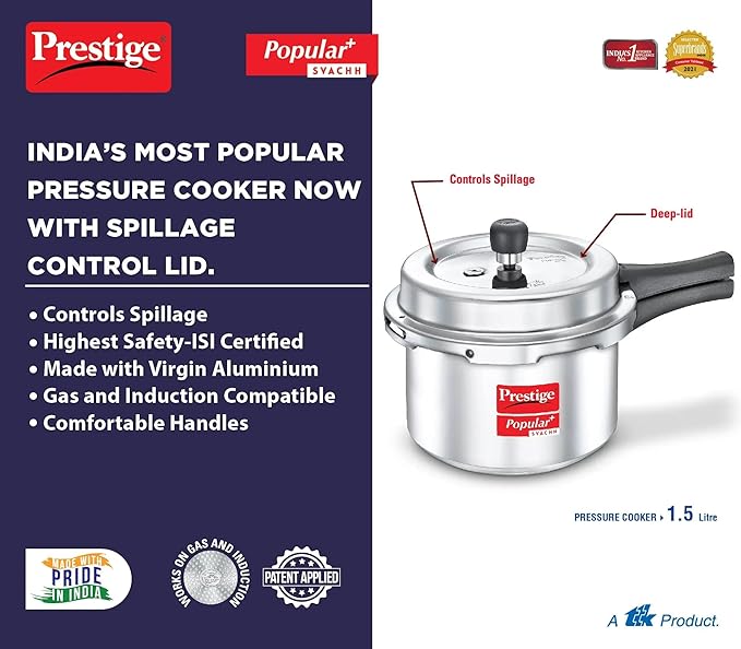 AM2235 Prestige Popular Plus Svachh Virgin Aluminium Gas and Induction Compatible Outer Lid Pressure Cooker, 1.5 L - Image 3
