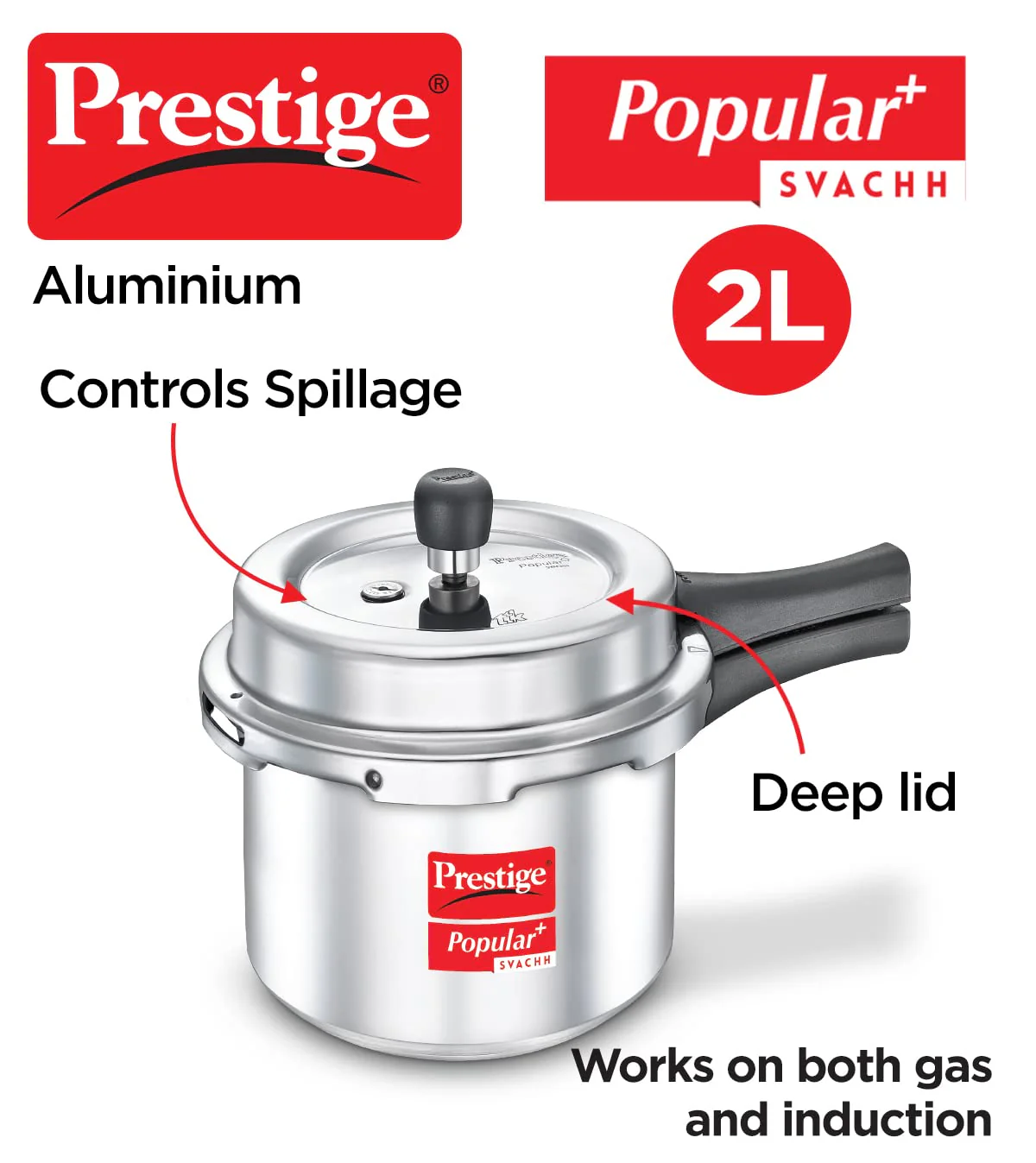 AM2236 Prestige Popular Plus Svachh Virgin Aluminium Gas and Induction Compatible Outer Lid Pressure Cooker, 2 L (Tall) (Silver) - Image 4