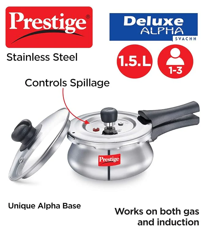 AM2243 Prestige 1.5L Deluxe Alpha Svachh Stainless Steel Outer Lid Pressure Cooker with Glass Lid - Image 3
