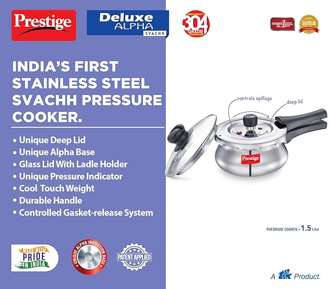 AM2243 Prestige 1.5L Deluxe Alpha Svachh Stainless Steel Outer Lid Pressure Cooker with Glass Lid - Image 6