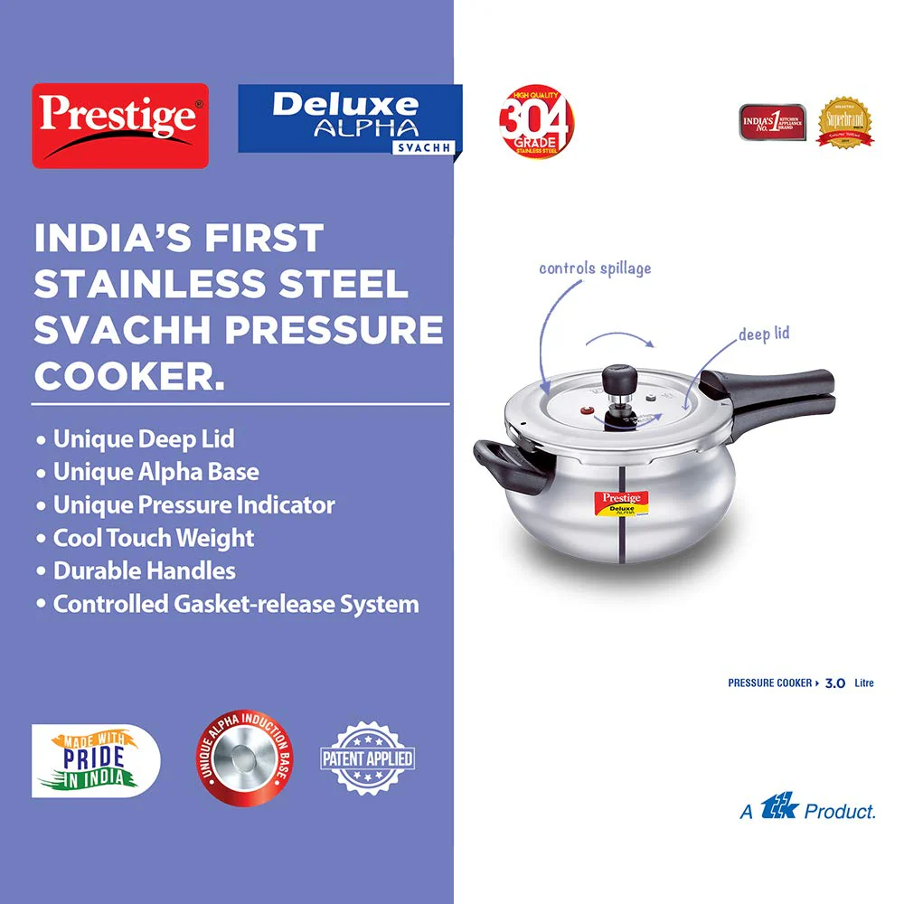 AM2245 Prestige 3L Deluxe Alpha Svachh Stainless Steel Outer Lid Pressure Cooker with Glass Lid - Image 5