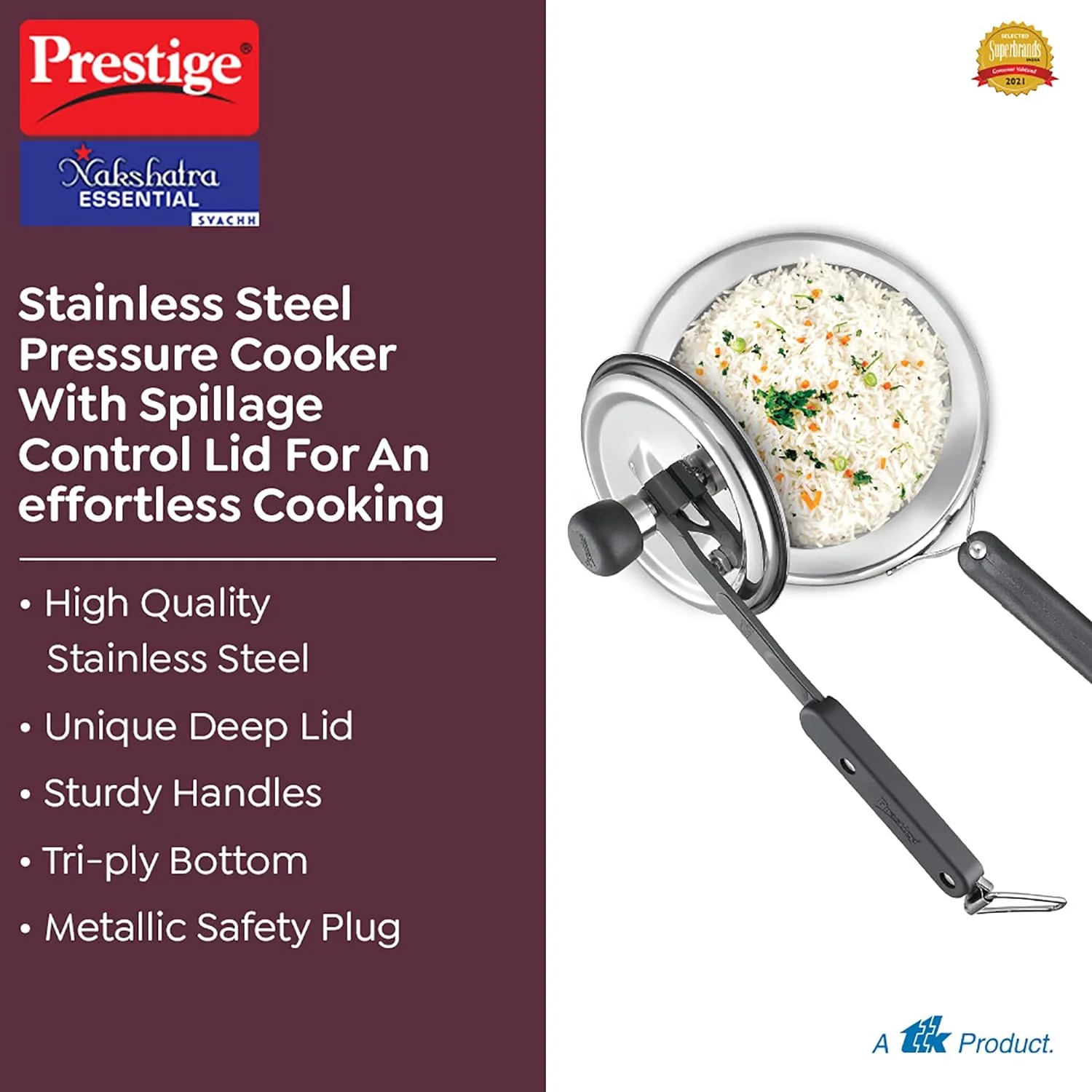 AM2246 Prestige 2L Nakshatra Essential Svachh Stainless Steel Pressure Cookers( Silver, Tri-Ply Bottom, Inner Lid) - Image 7