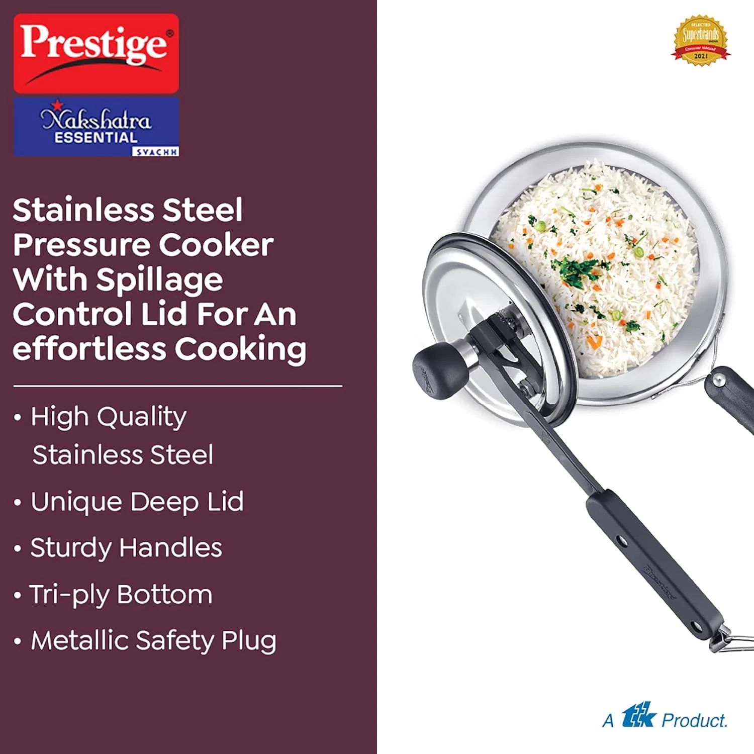 AM2248 Prestige 5L Nakshatra Essential Svachh Stainless Steel Pressure Cookers( Silver, Tri-Ply Bottom, Inner Lid) - Image 6