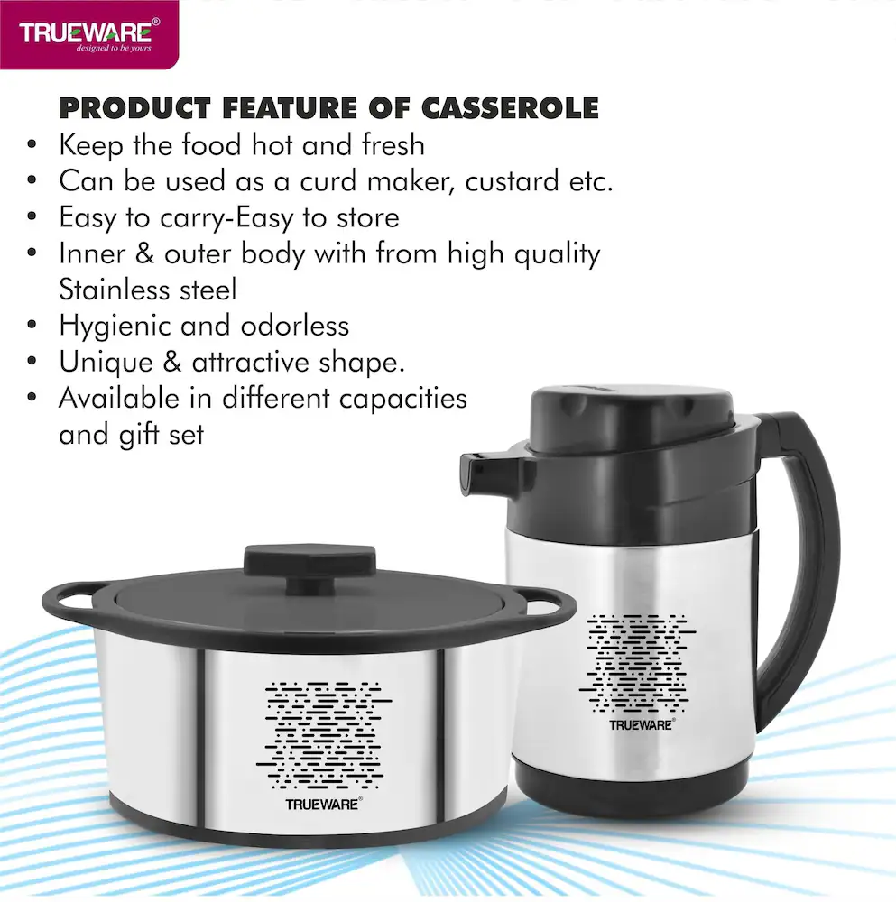AM2406 Trueware Royal Gift Set SS 1200ml Casserole With SS 1800ml Flask Pack of 2 Thermoware Casserole Set - Image 5