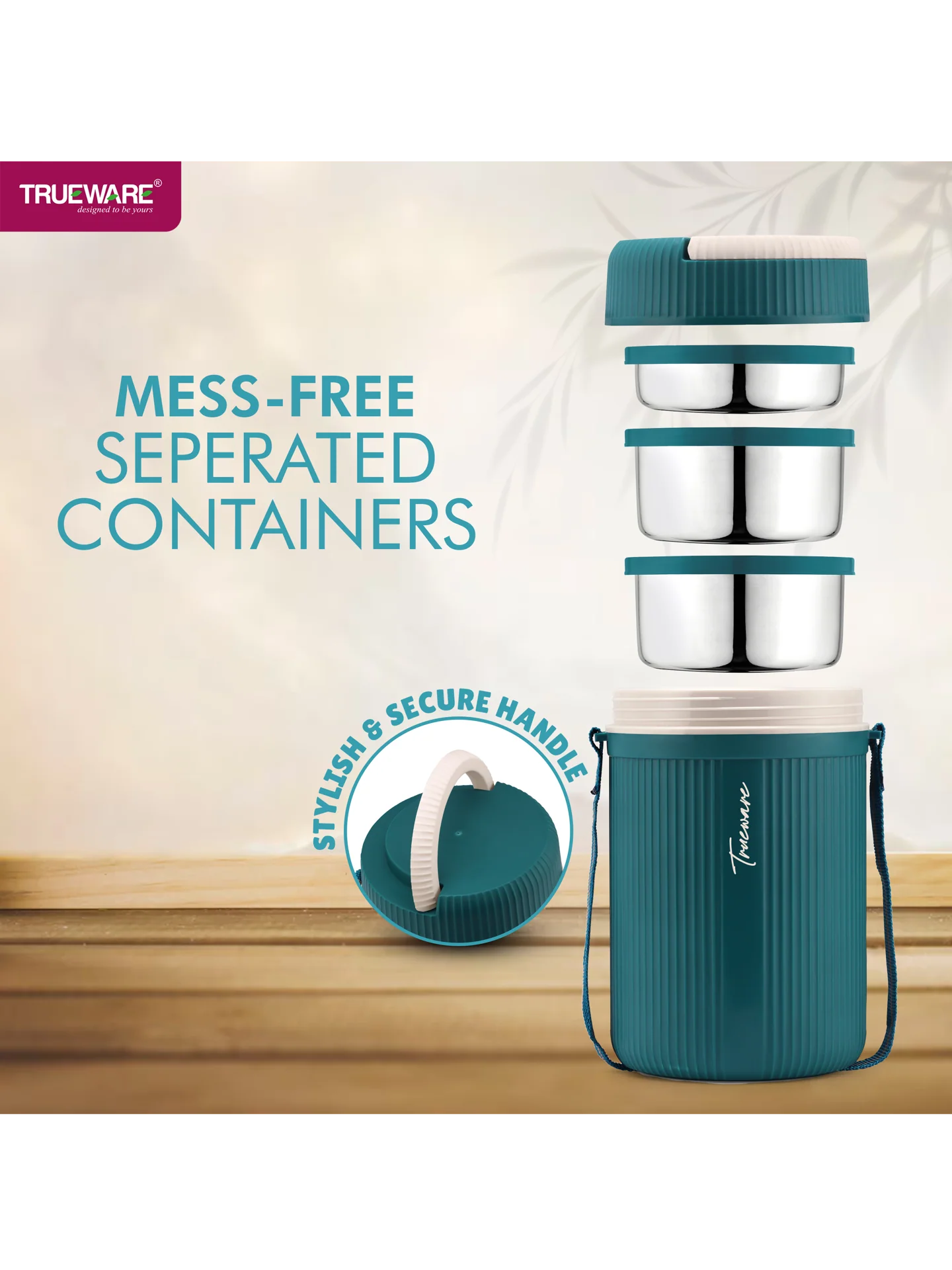 AM2411 Trueware Grub 2 Insulated Hot Lunch Box With 2 SS Container 300ml & 1 SS Container 200ml 3 Containers Lunch Box - Image 4