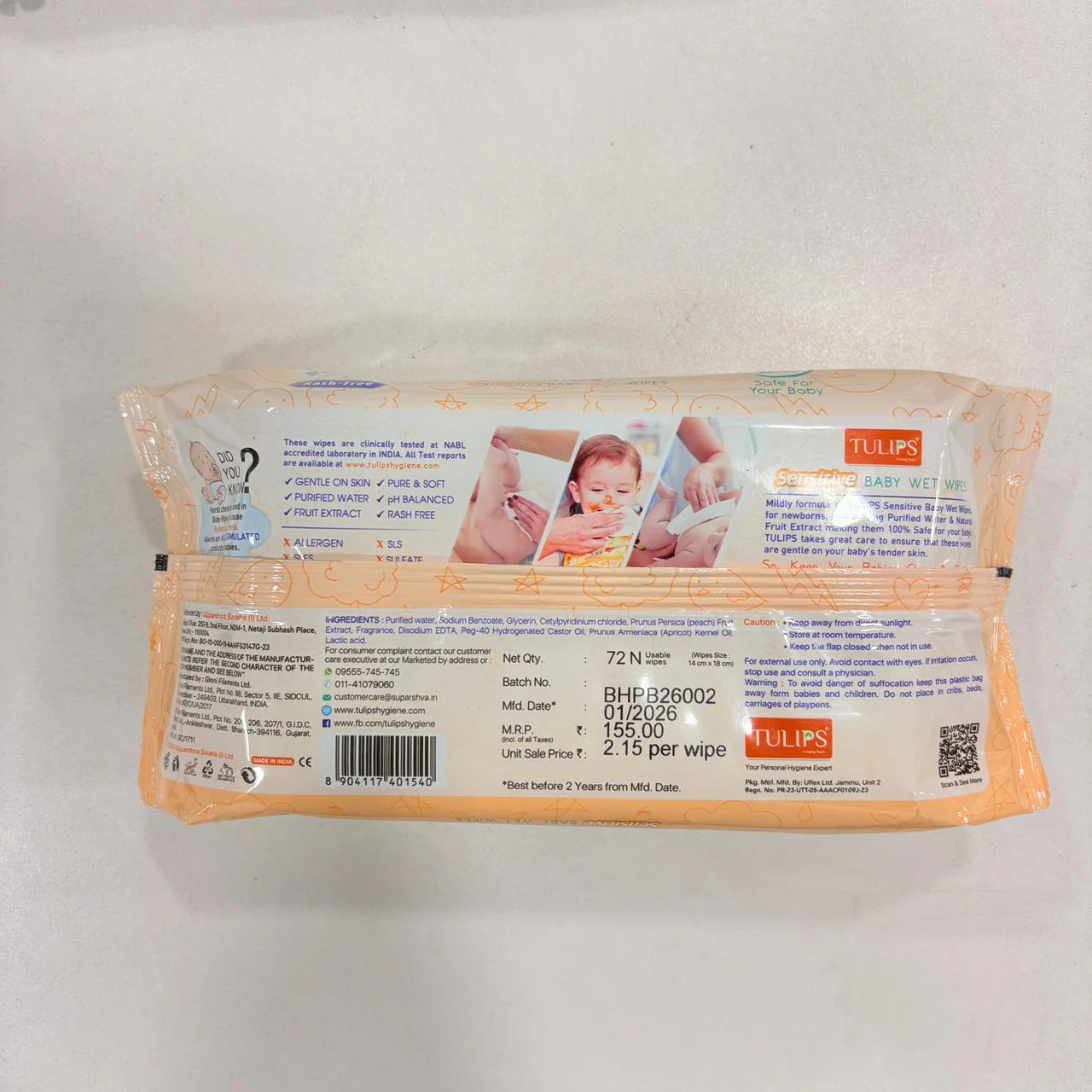 AM2527 Tulip Sensitive Baby Wet Wipes Peach Fruit Extract 72 wipes in a Lid pack 1 Pack - Image 8