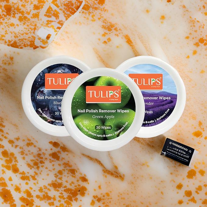 AM2529 Tulip Nail Polish Remover Wipes 30 Wipes Acetone Free Convenient Pre-Moistened Green Apple, Blueberry & Lavender 1 Pack - Image 2