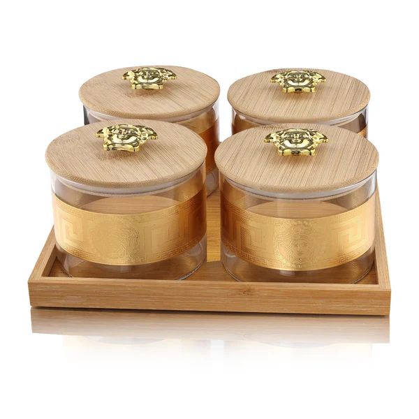 AM2546 Borosilicate Airtight Jar YJS3316 with Gold Decal Wooden Tray Set of 4 Pcs - Image 3