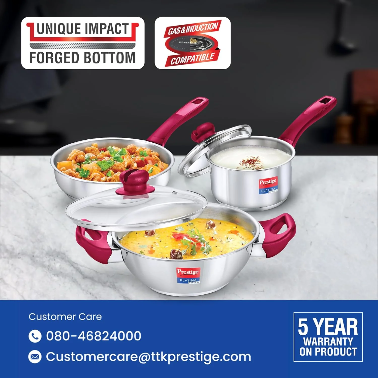 AM2606 Prestige Platina Popular SS Kadai 2.25ltr, Fry Pan 1.9ltr And Saucepan 1.5ltr 3PCS BYK Set Cookware - Image 2