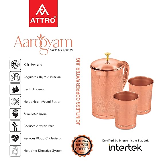 AM2613 Attro Pure (ACS030) Copper Kumbh Water Jug Set with 2 Glass (Hammered) Pack Of 3 Pcs - Image 4