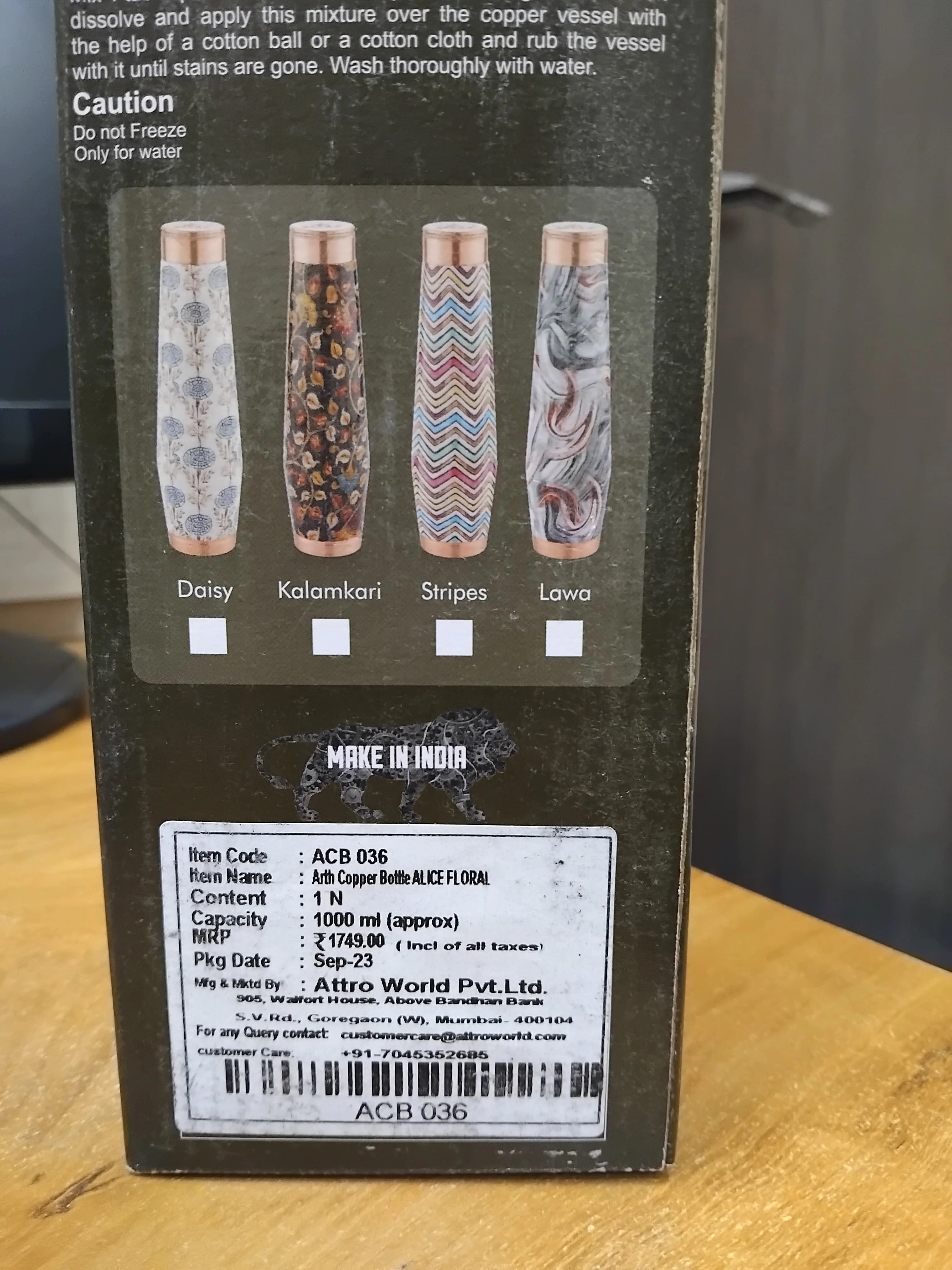 AM2623 Attro Aarogyam Arth Copper Bottle Alice Floral ACB036 1000ml Pack Of 1 Pcs - Image 4
