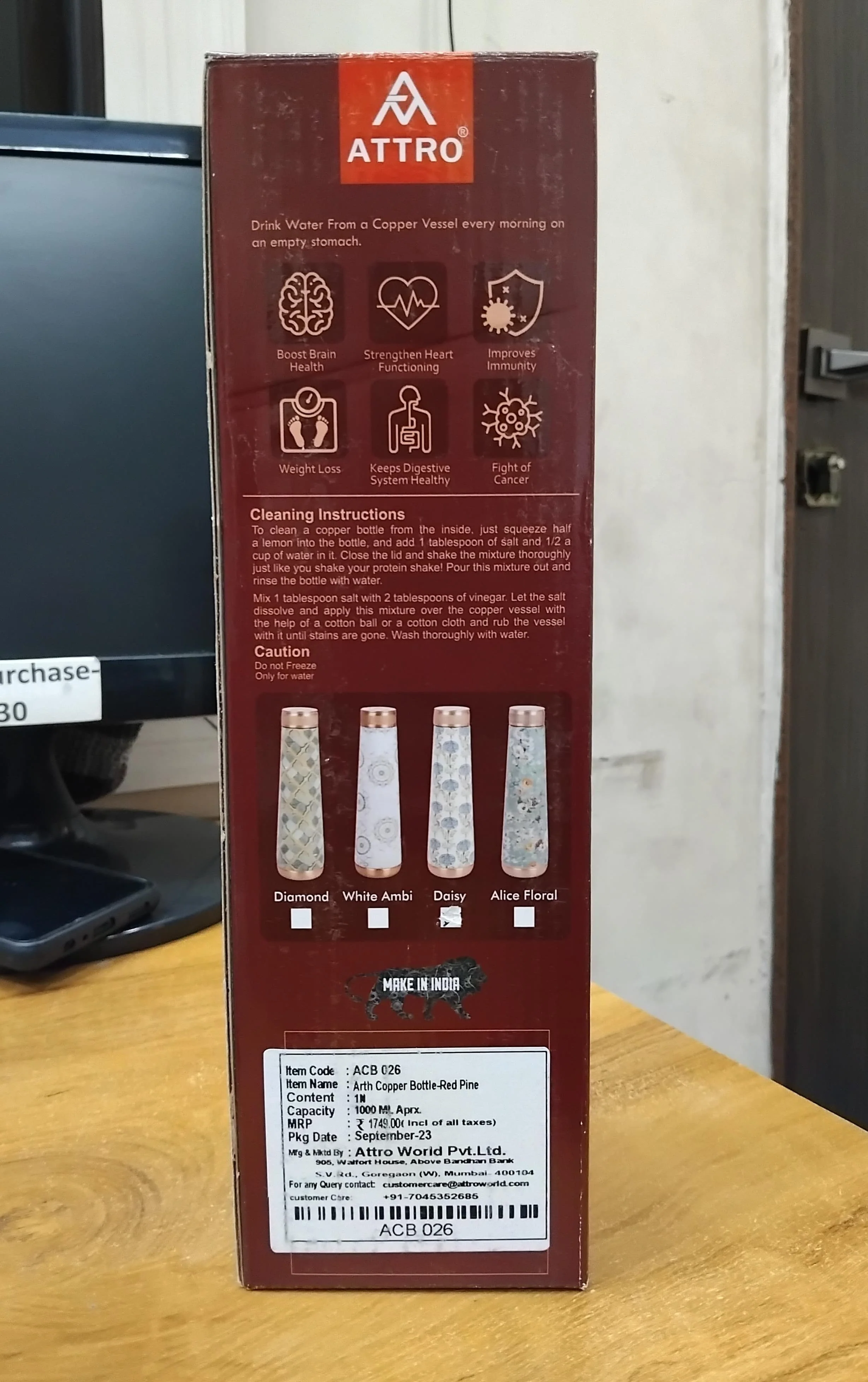 AM2672 Attro Aarogyam Arth Copper Bottle Red Pine ACB026 1000ml Pack Of 1 Pcs - Image 5