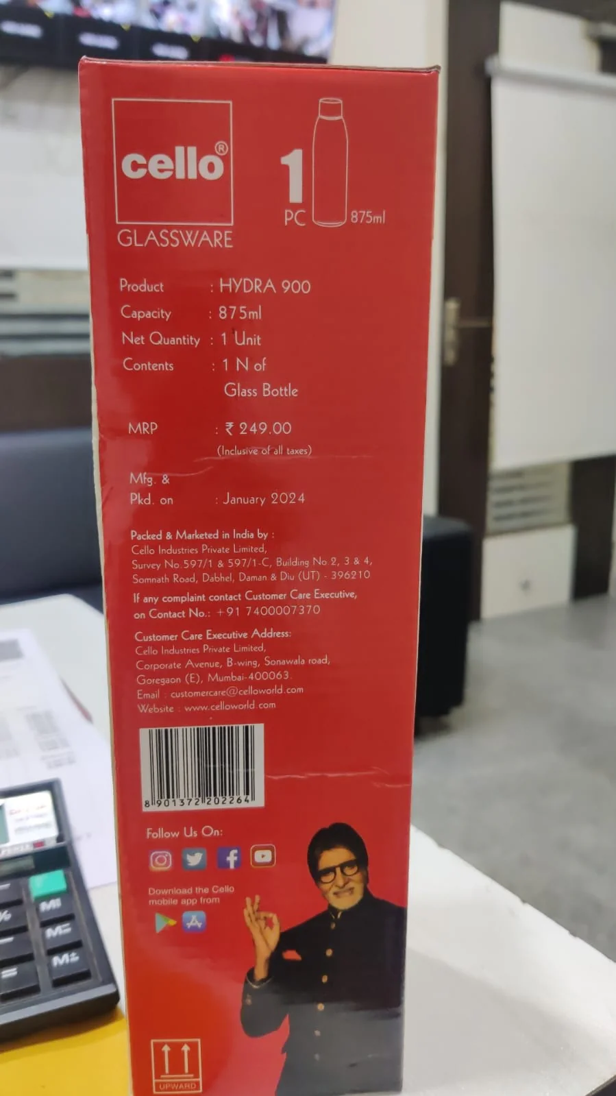 AM2665 CELLO Hydra 900 Glass Fridge Water Bottle with Plastic Cap - Image 9
