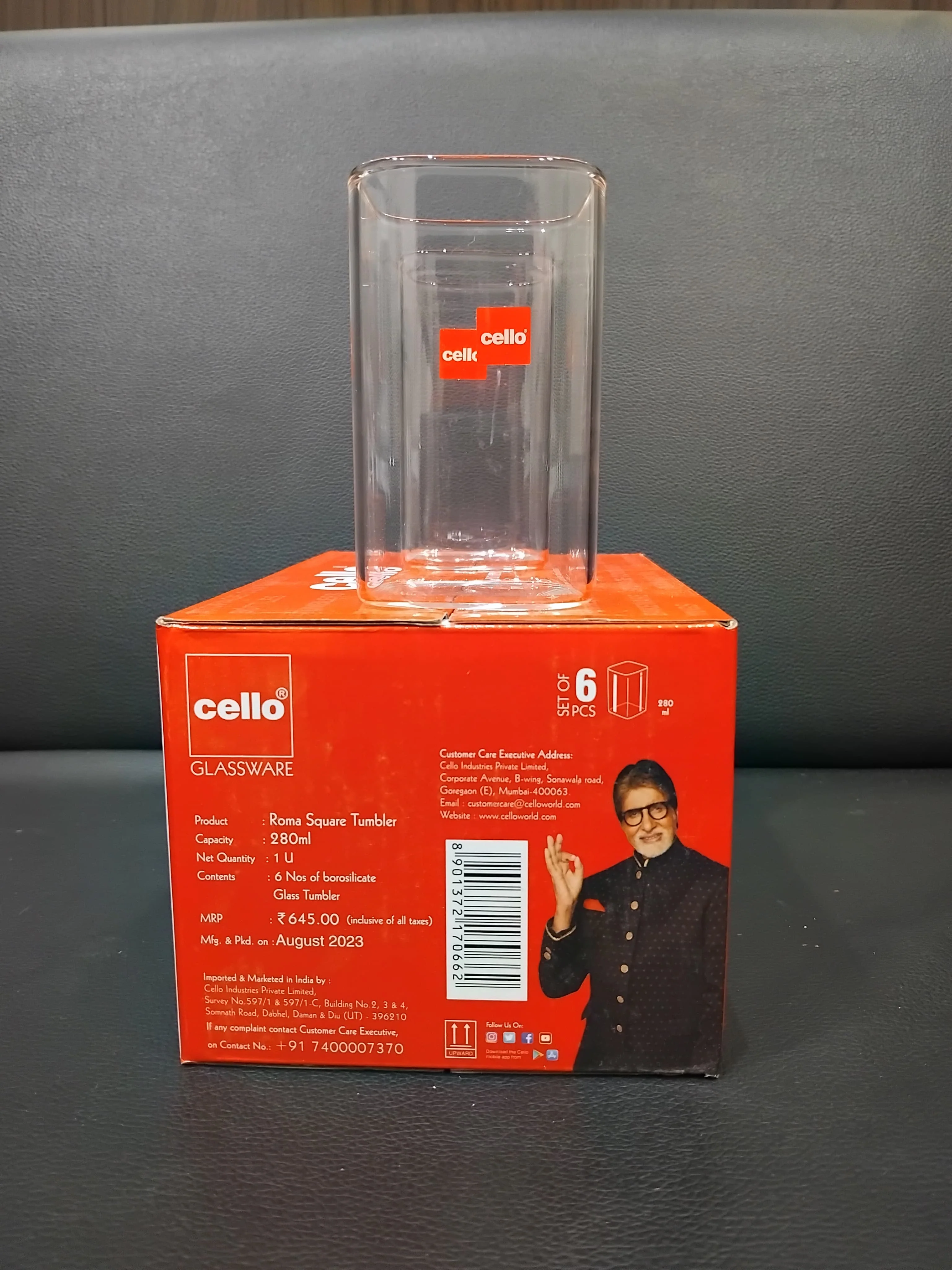 AM2697 CELLO Roma Square Tumbler glass 280ml Set of 6pcs - Image 4