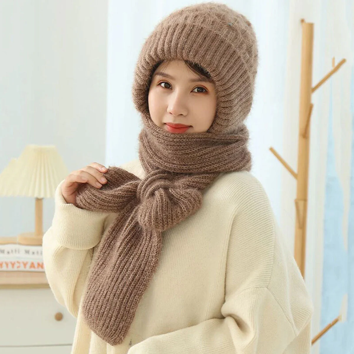 AM2868 Winter Hat Cap Plain Integrated Ear Protection Windproof Cap Scarf - Image 2