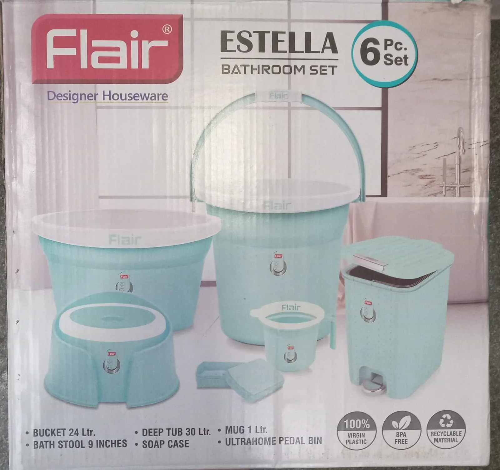 AM2891 FLAIR Estella 6 Piece Bathroom Set (Bucket, Mug, Tub, Stool, Pedal bin, Soap Case) - Image 5
