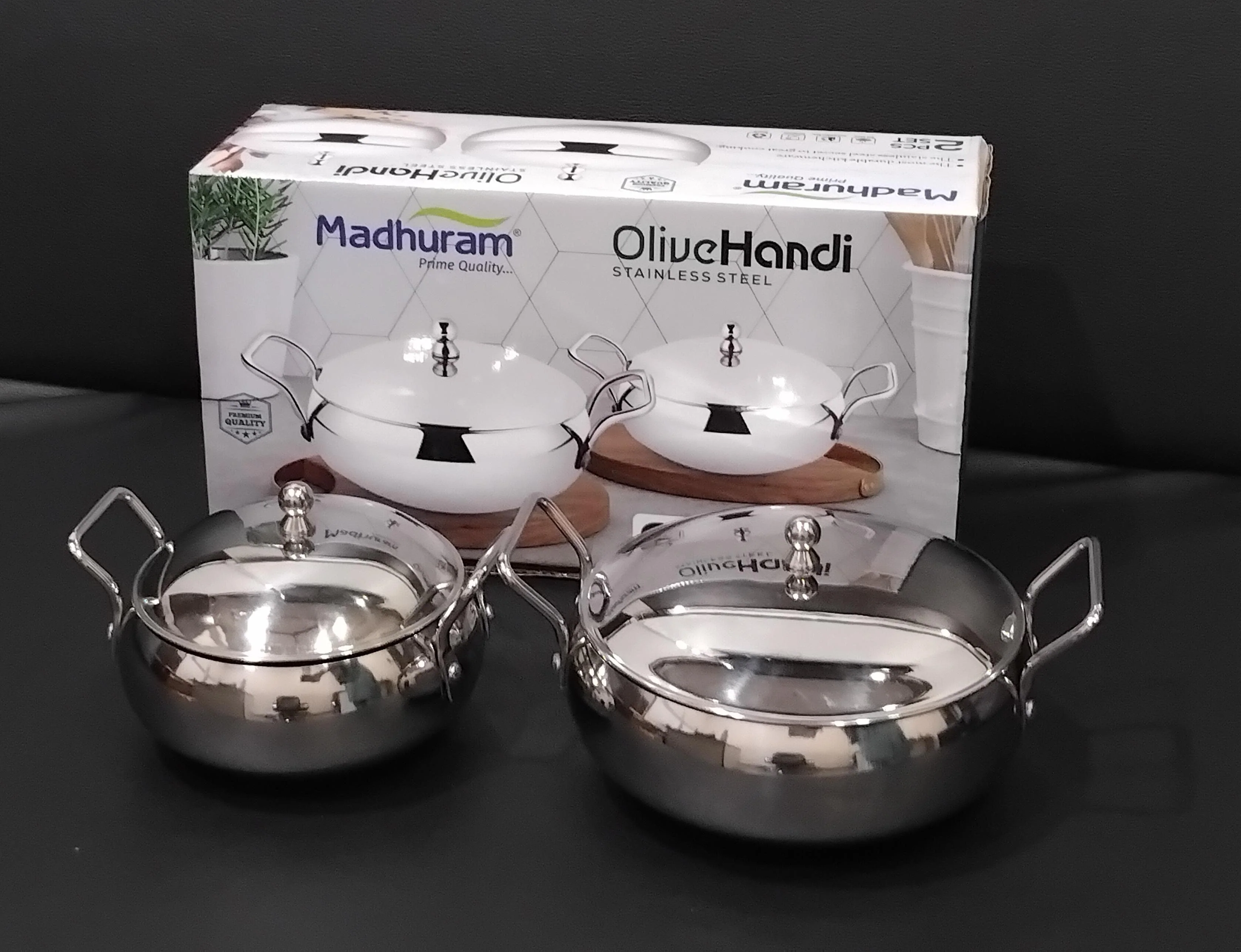 AM2959 Madhuram Prime Quality Olive Handi Stainless Steel With Handle 2 Pcs - Image 3