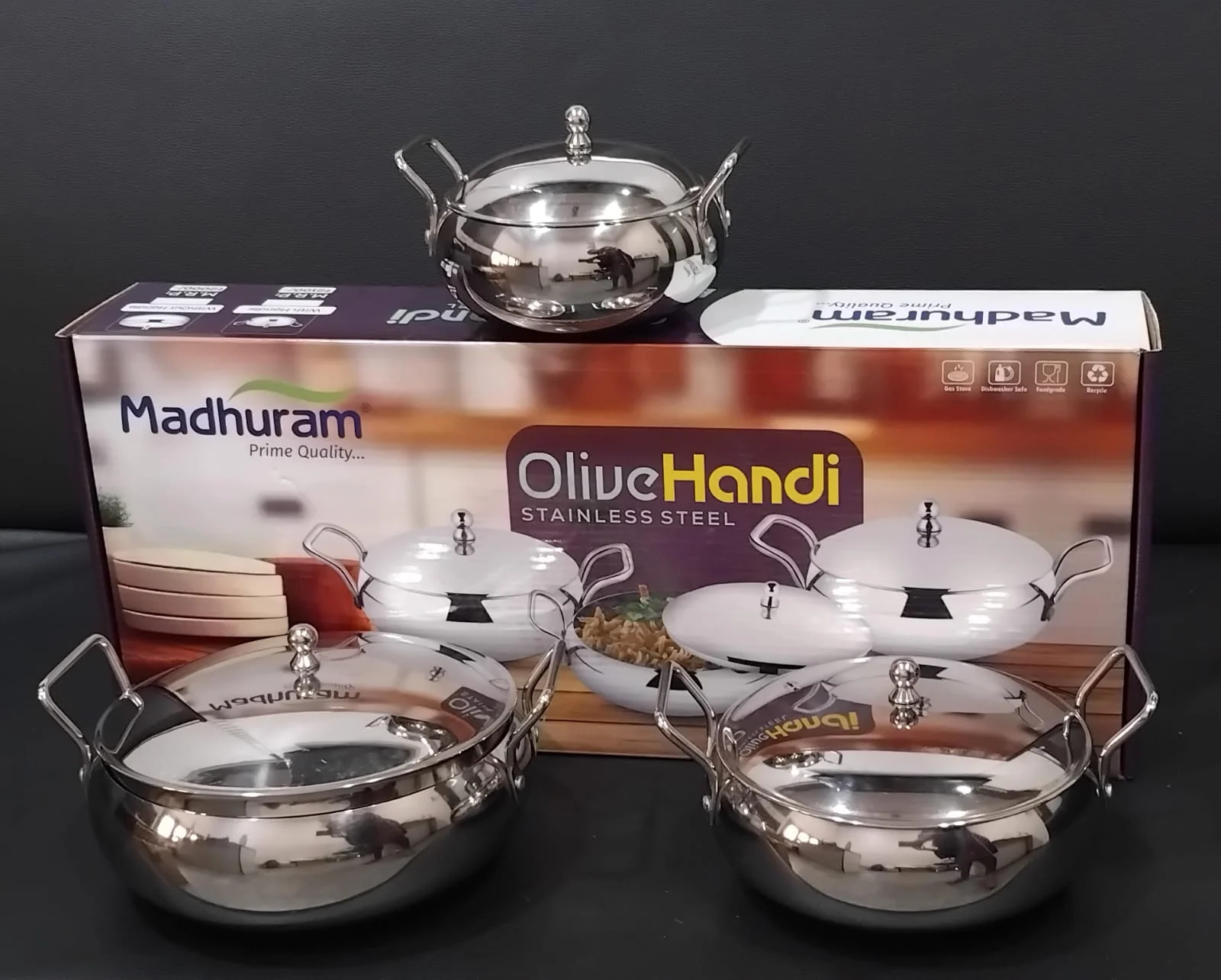 AM2952 Madhuram Prime Quality Olive Handi Stainless Steel With Handle 3 Pcs Set - Image 3