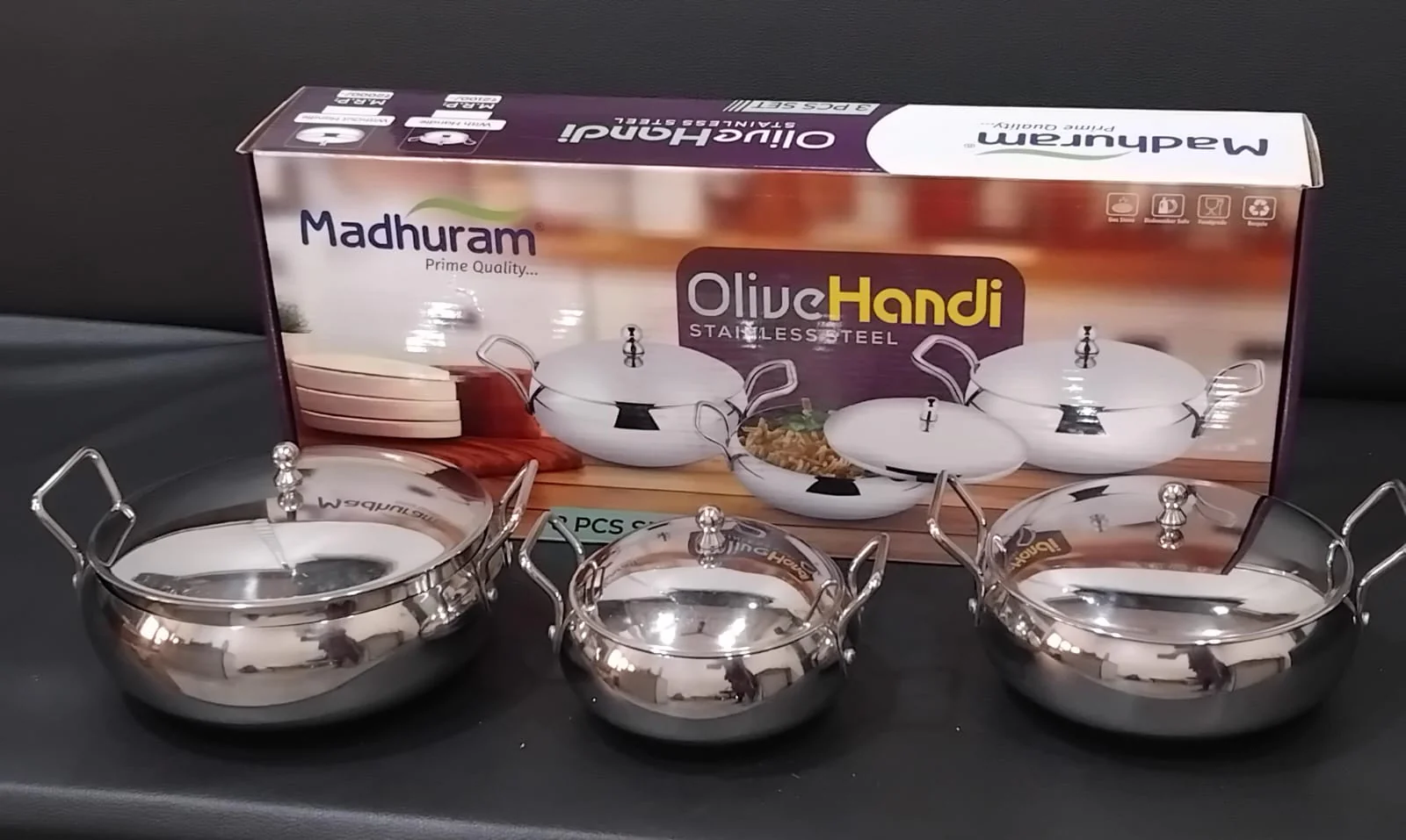 AM2952 Madhuram Prime Quality Olive Handi Stainless Steel With Handle 3 Pcs Set - Image 4
