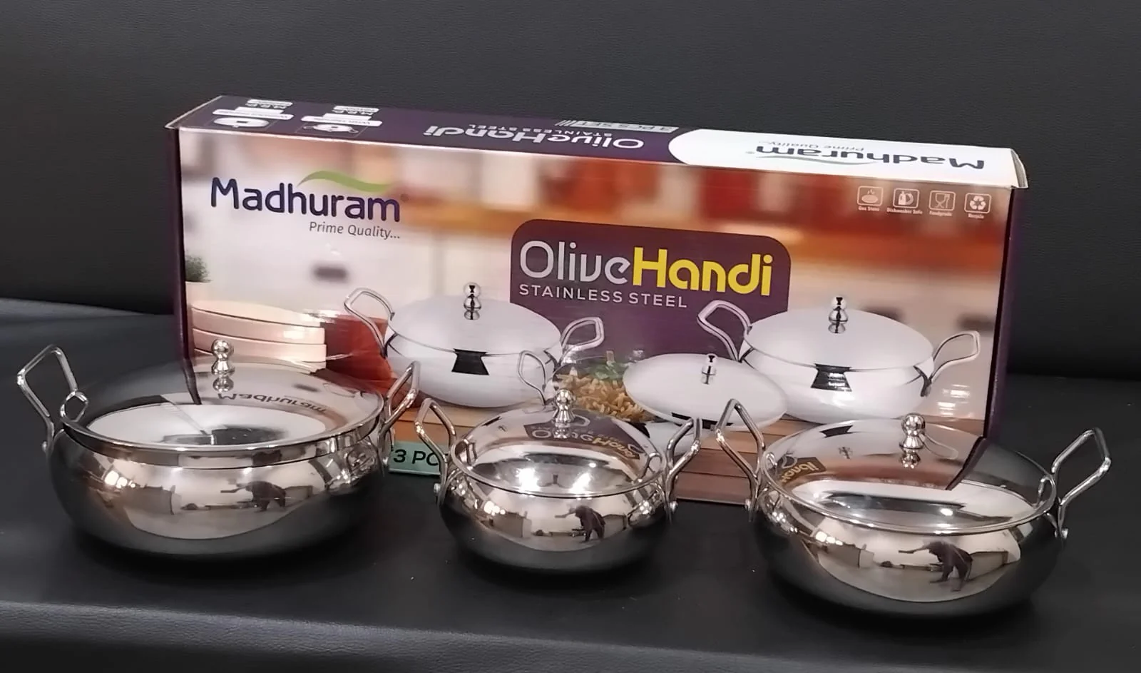 AM2952 Madhuram Prime Quality Olive Handi Stainless Steel With Handle 3 Pcs Set - Image 5