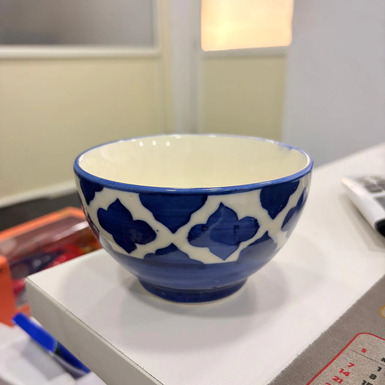AM2988 Serving Mixing Mini Bowl, Hand Painted Ceramic 1 Pcs Soup Pudding Bowl White Blue Bands 1 Pcs - Image 4