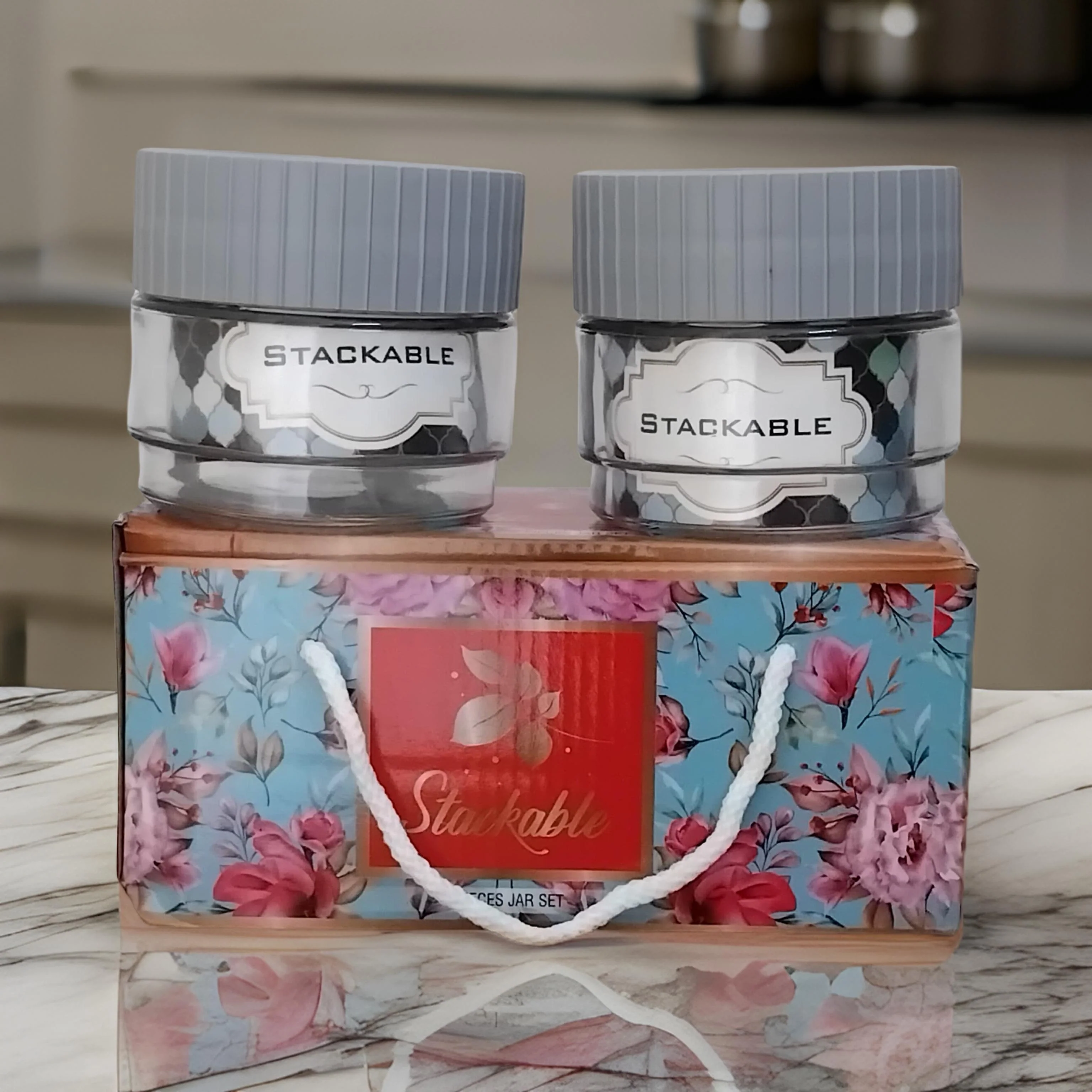 AM3097 Stackable Set 2 Piece Glass Jar Food Storage Jars Containers with Airtight Plastic Lid - Image 2