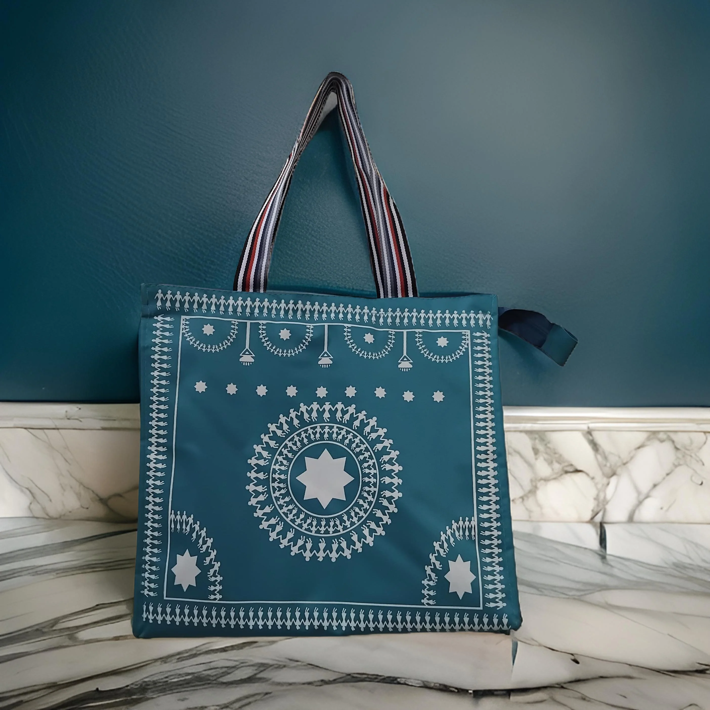 AM3056 Printed Shoulder Bag Warli Art Printed Shopping Bag Multicolour 1 Piece - Image 2