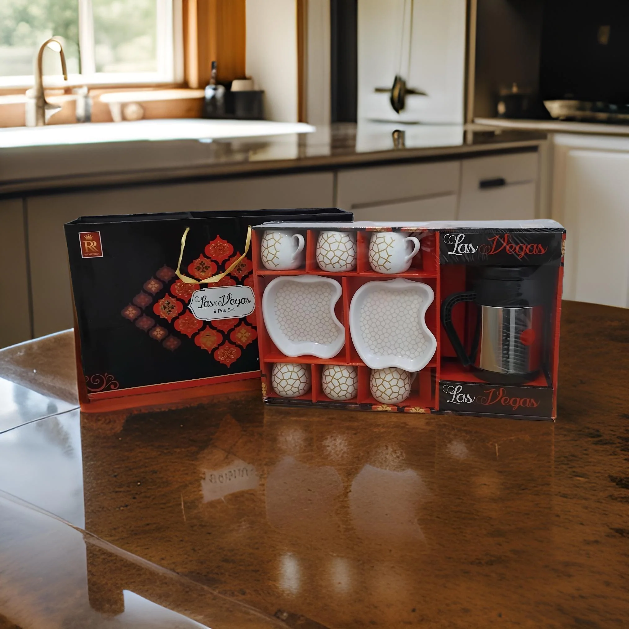 AM3084 Las Vegas Set Ceramic 6 Piece Mug, Plastic 2 Piece Platter & 1 Piece Kettle Set Of 9 Piece - Image 2