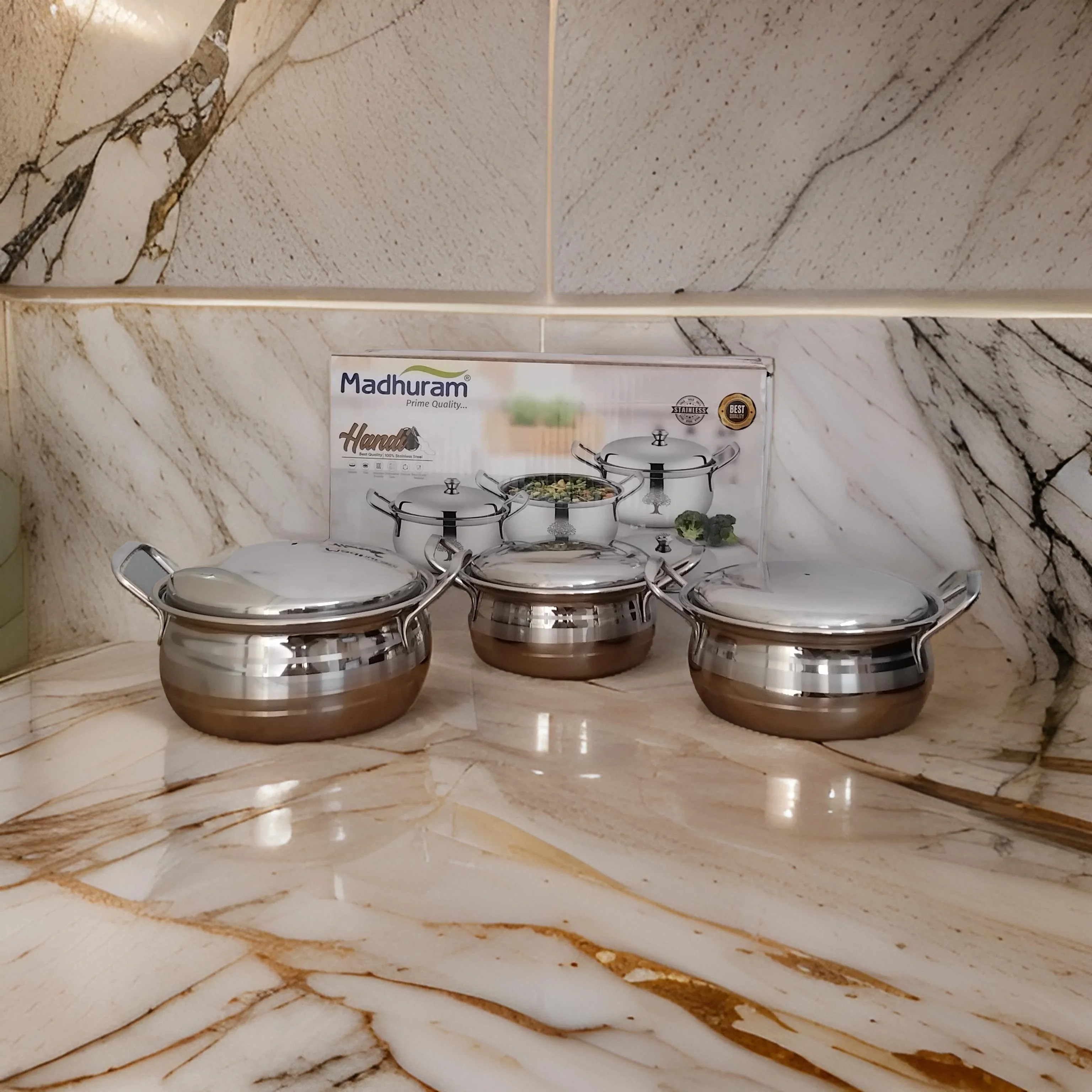 AM3112 Madhuram Prime Quality Silver Handi Stainless Steel 3 Piece - Image 3