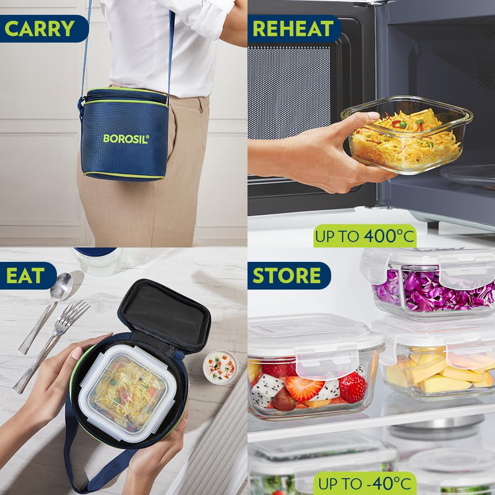 AM3696 Borosil 320ml Square Lunch Box with Bag Set of 2 - Image 2