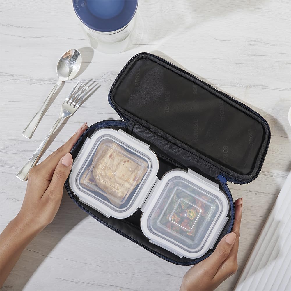 AM3697 Borosil Square 320ml Lunchbox with Bag Set of 2 - Image 7