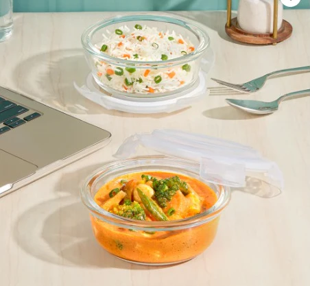 AM3699 Borosil Round 400ml Glass Lunchbox with Bag Set of 2 - Image 12