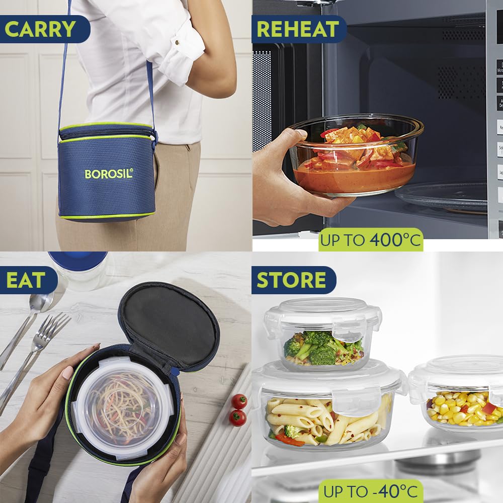 AM3698 Borosil Round Mealbox 400ml Glass Lunch Box set 2 Blue,Grey - Image 2