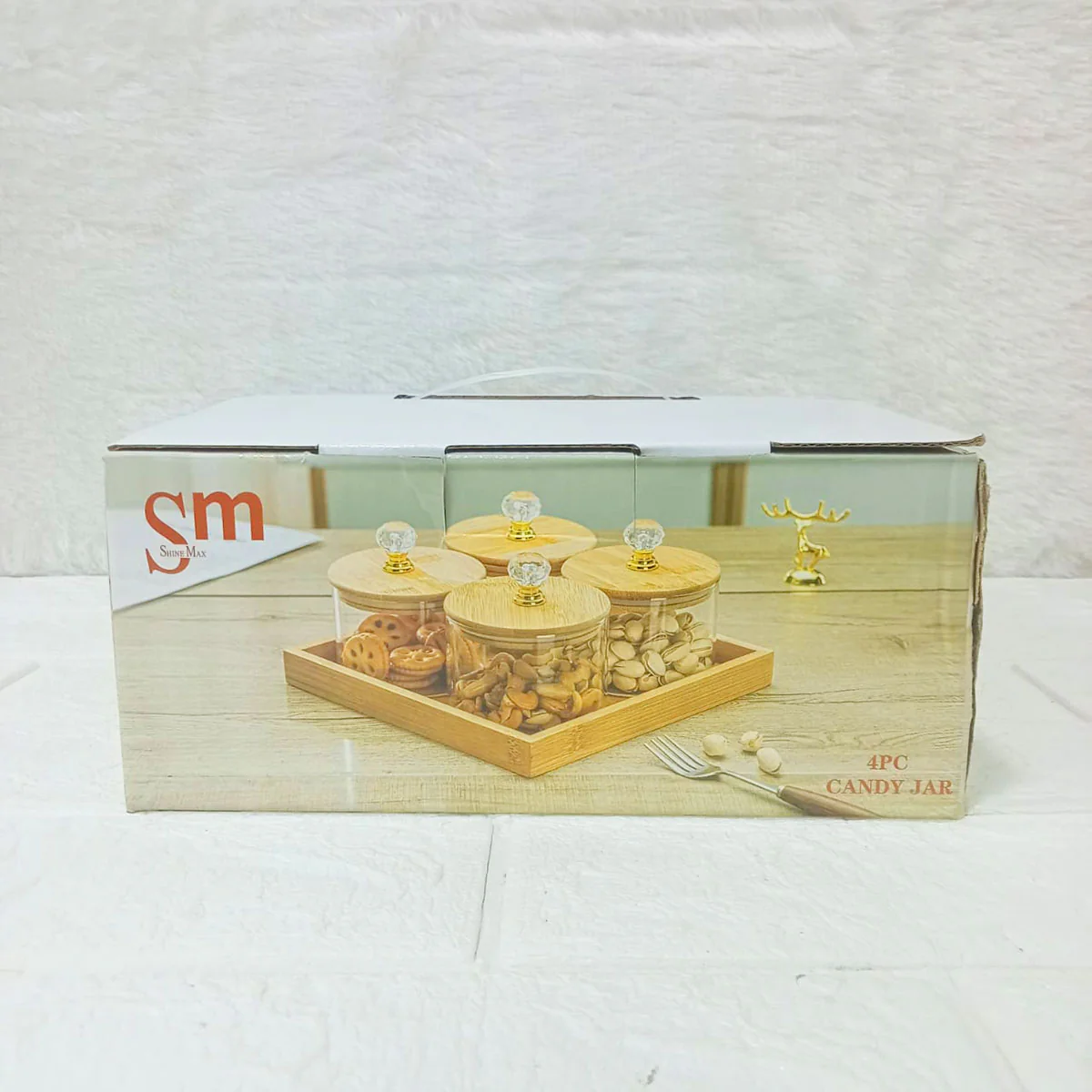 AM3723 Glass Container Jar Bowl With Wooden Deer Lids And Tray 4+1Pcs - Image 10