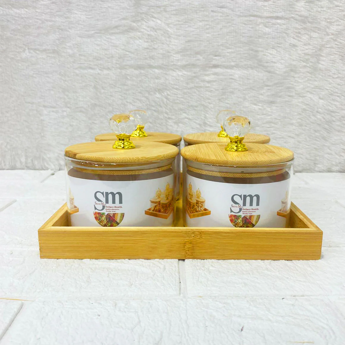 AM3723 Glass Container Jar Bowl With Wooden Deer Lids And Tray 4+1Pcs - Image 12