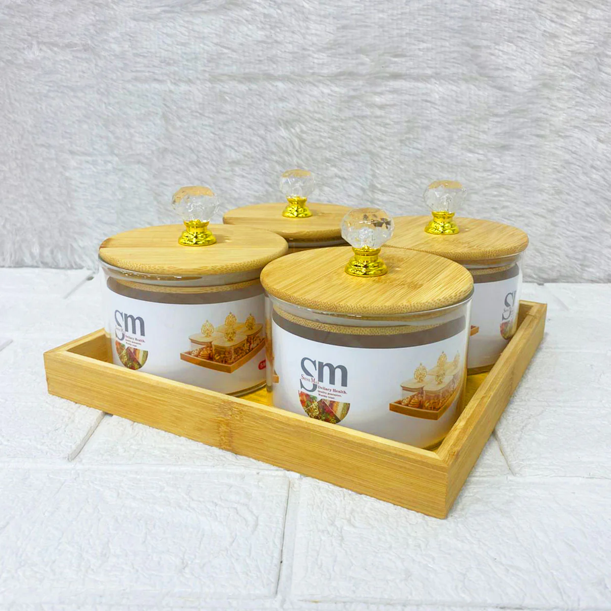 AM3723 Glass Container Jar Bowl With Wooden Deer Lids And Tray 4+1Pcs - Image 2