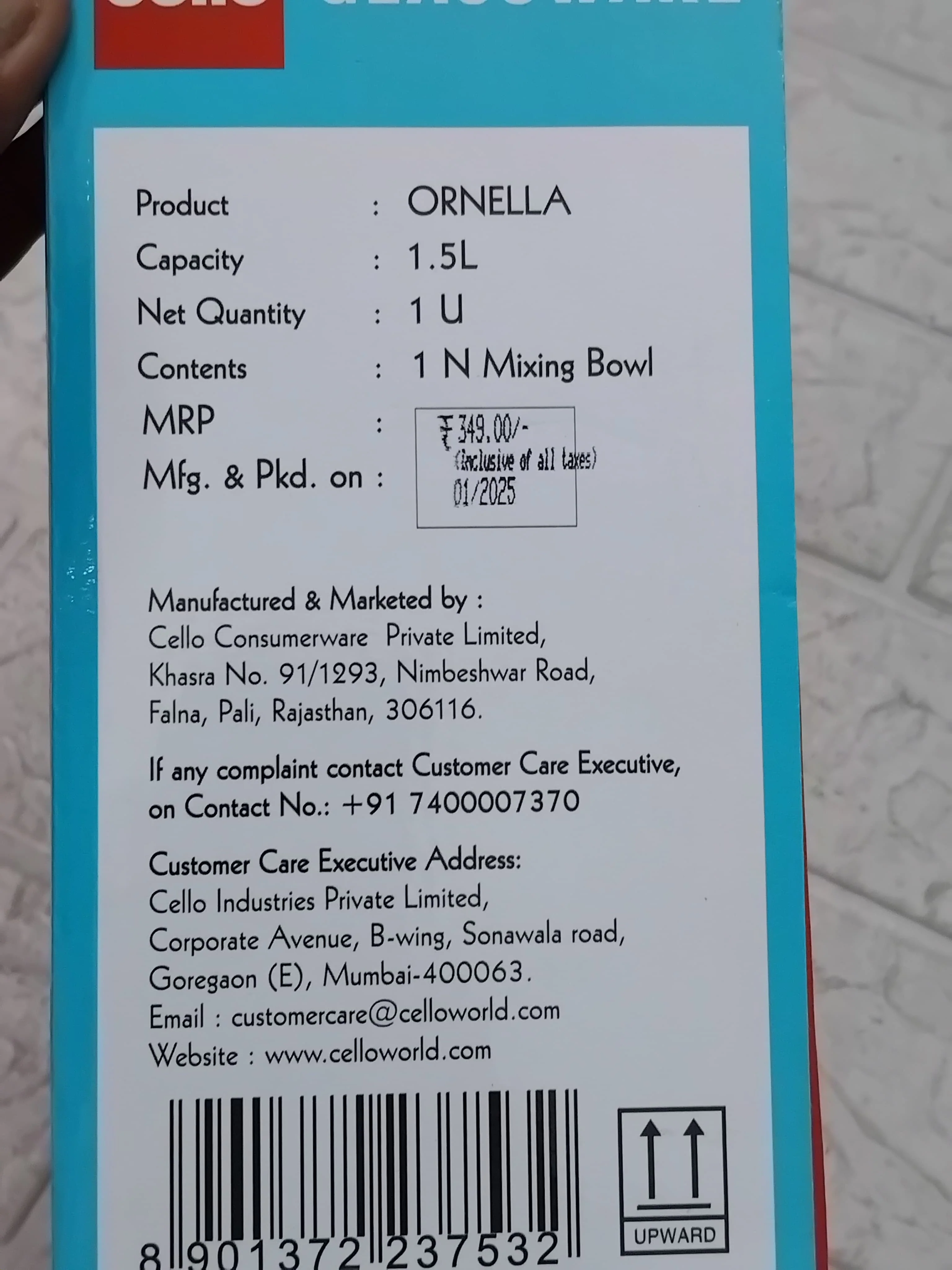 AM3785 CELLO Ornella Glass Mixing Bowl 1500ml Without Lid - Image 9