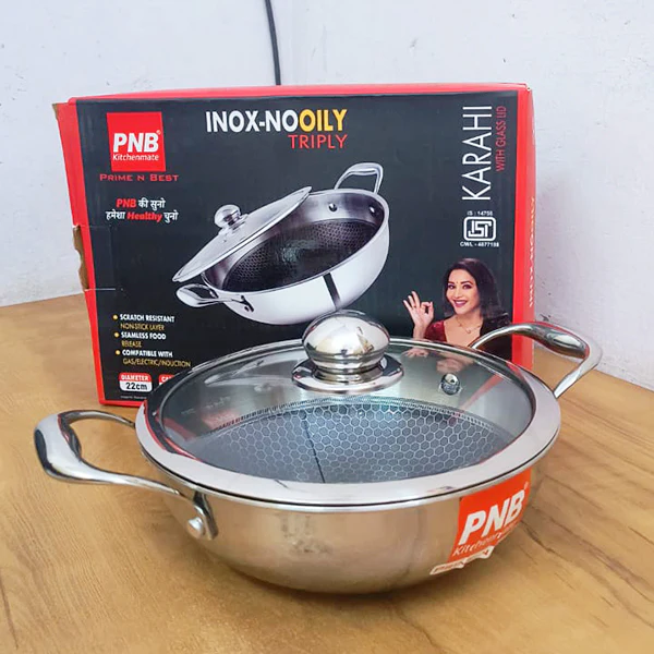 AM3923 PNB Kitchenmate Triply Karahi With Glass Lid 22cm - Image 3