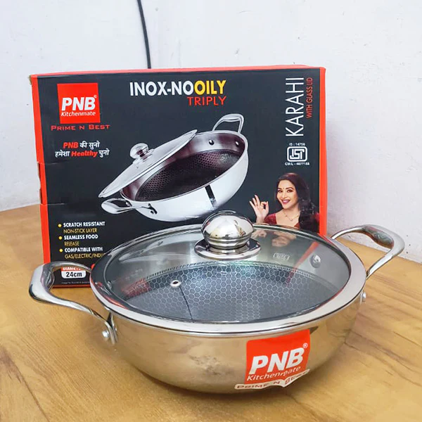 AM3926 PNB Kitchenmate Triply Karahi With Glass Lid 24cm - Image 2