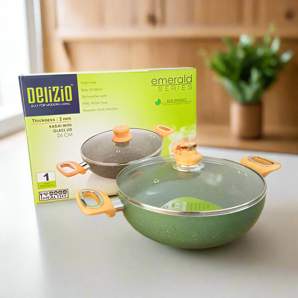 AM3928 Delizio Green Granite Coating Kadai with Glass Lid 26Cm