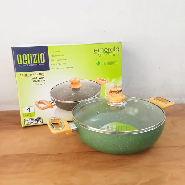AM3928 Delizio Green Granite Coating Kadai with Glass Lid 26Cm - Image 2