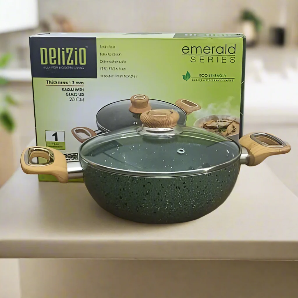 AM3929 Delizio Green Granite Coating Kadai with Glass Lid 20Cm